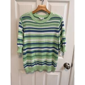 Candace Cameron Bure L Pullover Sweater Blue Green Stripe Short Sleeve